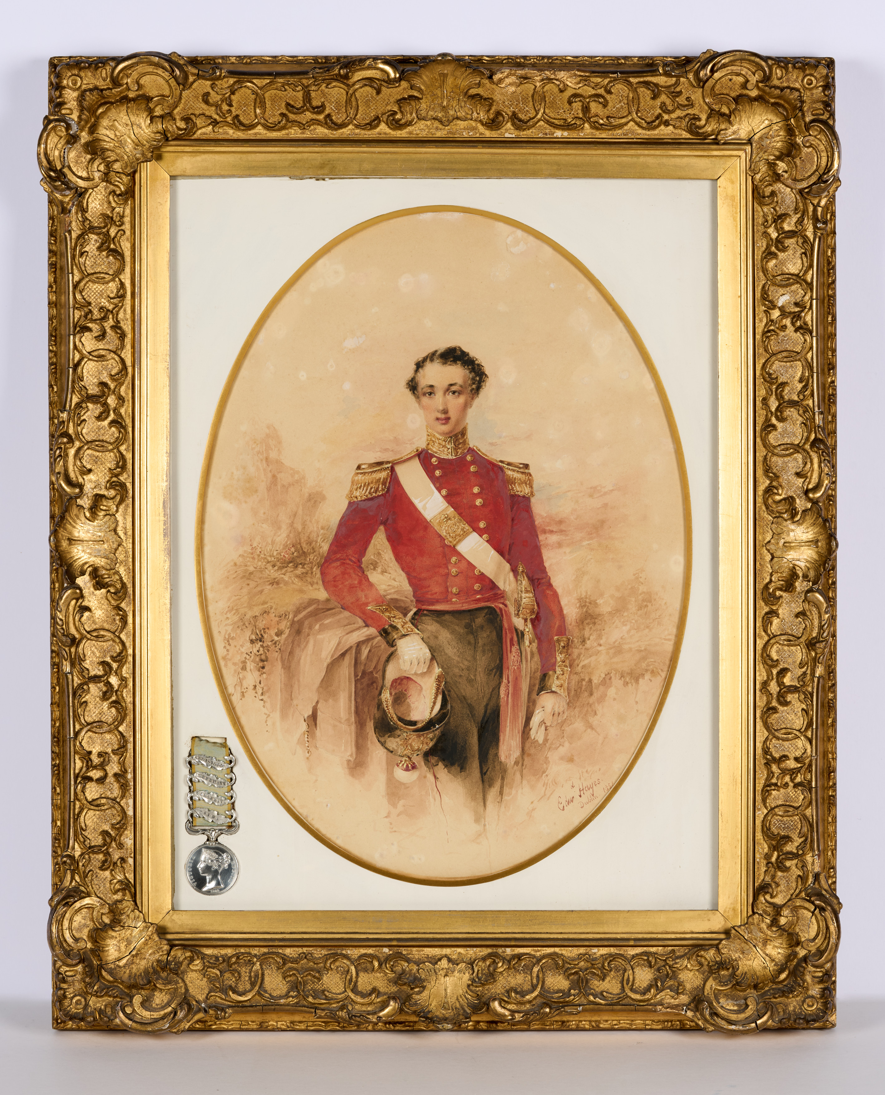 James Hulton Clutterbuck : Crimea Medal with ‘Sebastopol’, ‘Inkermann’, ‘Balaklava’ and ‘Alma’ clasps. Framed with portrait by Edward Hayes, 1854.